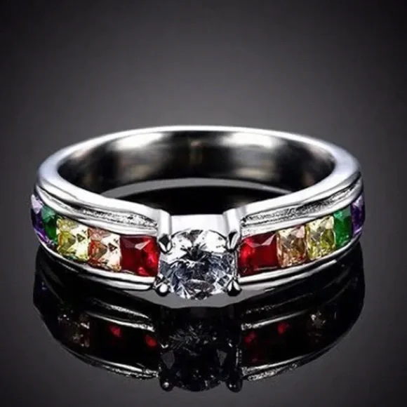 NEW 925 COLORFUL RAINBOW SQUARE GEM
BAGUETTE STONE RING - Picture 3 of 5